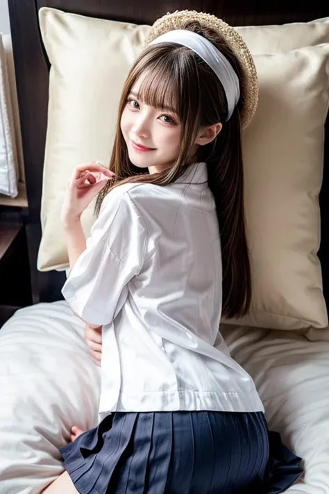  idol with a harmonized finger ratio ,Long Hair ,  operate straight hair , Round face , bust up ,  sailor suit ,  as in the picture  , Japanese female 1 person,Cute,  operate straight hair , brown hair,cute,smile, stockings,skirt, school uniform, sleeping ...