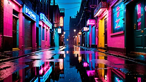 a rain-soaked alleyway with puddles reflecting vibrant neon signs in blues and pinks. old-fashioned street lamps create pools of...