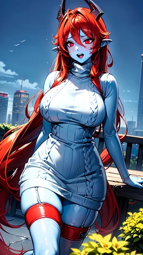 masterpiece, Best Quality,  Extremely detailed,  1 girl, Alone, ( colored skin , Blue Skin:1.8), Little Red Riding Hood, (Big Breasts:1.3), ((((Red Hair),  very long hair, red eyes, Vertical pupil, Pointy ears, Mechanical Horn))),  open lips, ((( Turtlenec...