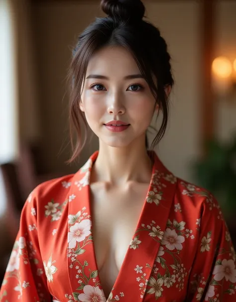 (Highest quality、Tabletop、8k、Best image quality、Award-winning works)、(A beautiful 45-year-old Japanese woman:1.1)、(The proprietress of a luxury inn:1.1)、(High quality The Proprietress of a Luxury Inn kimono:1.2)、(Kimono that shows the chest:1.3)、(Big cleav...