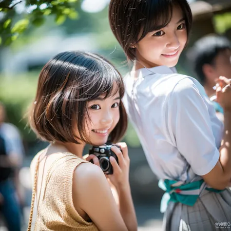 Beautiful young woman, intelligent and sophisticated Japanese girl. Hair in a bob, smile that exudes kindness and young power, one piece summer 2023. Medium-light, high speed shutter combined with modern photographic narrative action, ample lighting, clear...