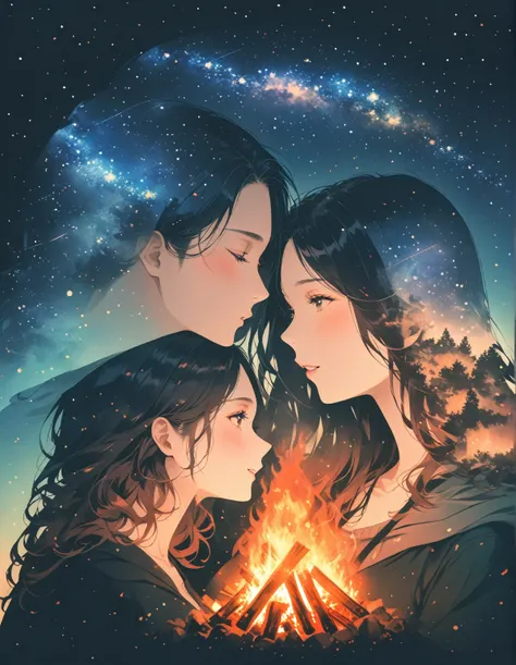 bonfire, starry sky ,Portrait of a couple in love,Double Exposure,,