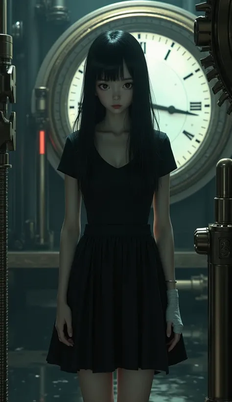 beautiful woman in a black knee-length dress, short sleeves, long straight black hair waist-length, desperate pleading expression, bandaged right hand, interior scene inspired by Makoto Shinkai, soft lighting, metallic mechanical surroundings, steampunk ae...