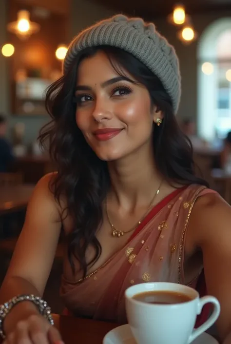 Beautiful Indian woman, coffee shop setting, gray beanie, perky boobs, wearing saree, selfie, looking up at me