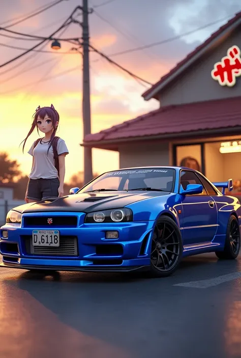 A blue Nissan Skyline R34 car with a black hood is in the parking lot of a mini market, with an anime girl next to the car, full shot framing, sunset 