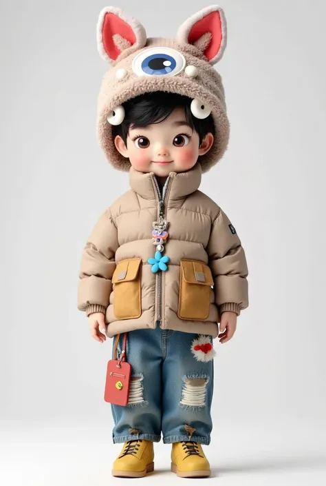  cute cartoon boy，cute animal hat headdress+Tentacles +Eye，down jacket(cartoon pattern printing)+Pants+shoe，3D Rendering， detailed details，Clothing material details