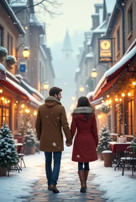 「 While the snow falls and piles up 、 couples walking along the cobblestone streets of the city 。 they are holding hands 、 laughing with each other in warm coats 。 they can see cafes and illuminations with warm light in the background。 trees visible in the...