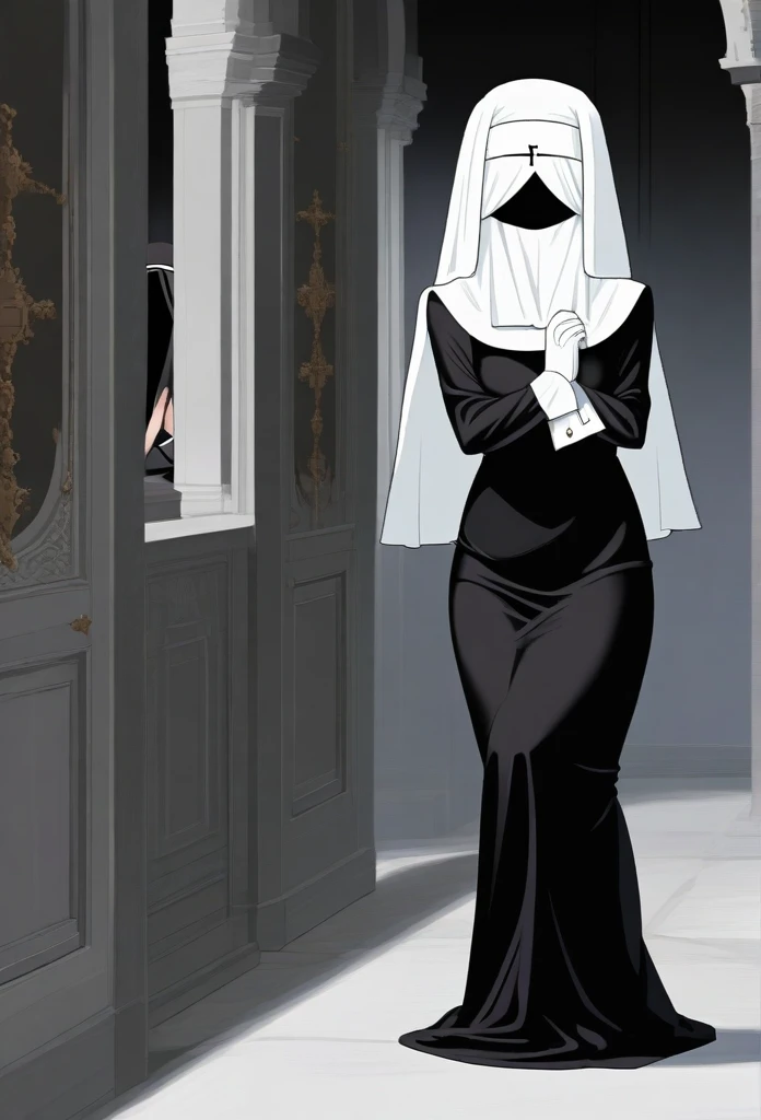 a woman in a black dress in nun, black nun, long skirt, faceless,veil mask /(Veil mask covering face) white gloves.