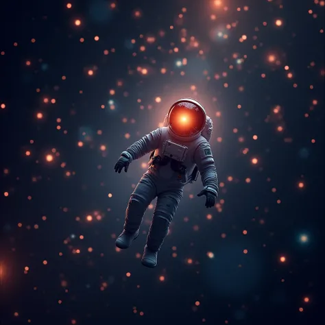 Short shot of an astronaut floating in space, Among millions of stars, as if it were a sea of iridescent colors .  The light of a star is reflected on its visor .