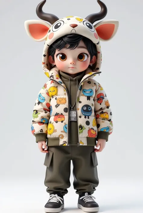  cute cartoon boy，cute animal hat headdress+Tentacles +Eye，down jacket(cartoon pattern printing)+Pants+shoe，Standing， detailed details，Clothing material details