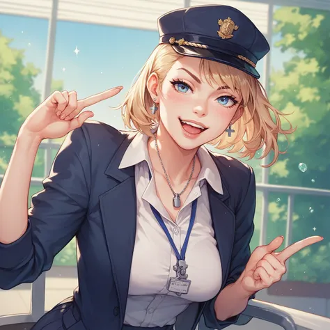 woman　 is wearing a suit　 Im wearing a Japanese-style station attendant uniform hat　 Im playing a whistle 　 My cheeks are slightly bulging 　 Im stretching my left hand forward 　Extending the index finger　Im working hard 