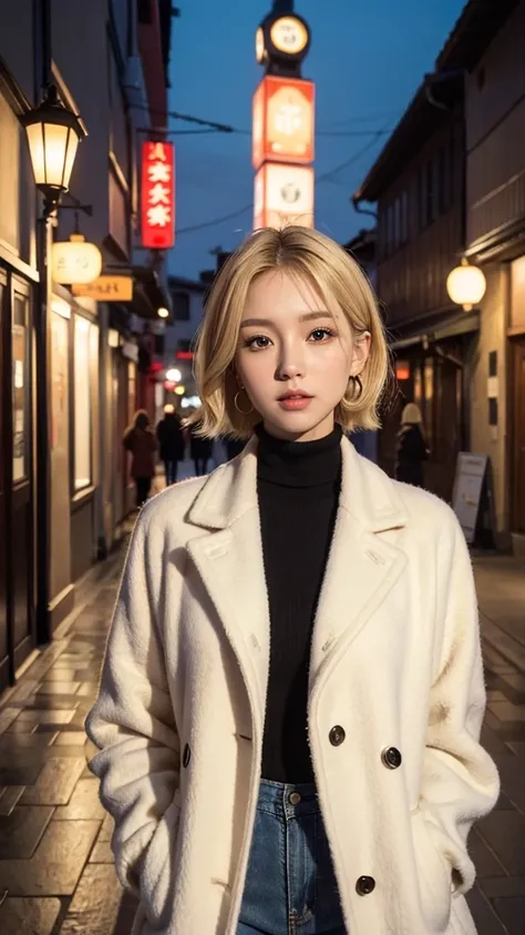 Japanese beauty, short hair, beautiful blonde, highly realistic and detailed face, almond shaped eyes, very white skin, big earrings, gyaru makeup, red coat, wearing red wool coat, in turtleneck, jeans, ultra realistic, small chest, small breasts, short ha...