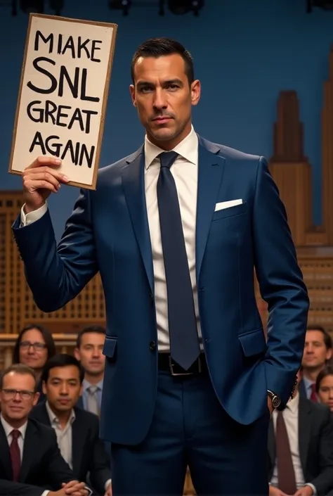 Short male wearing blue suit with black very short hair holding a sign that reads, Gonna Make SNL Great Again on the Saturday Night live set