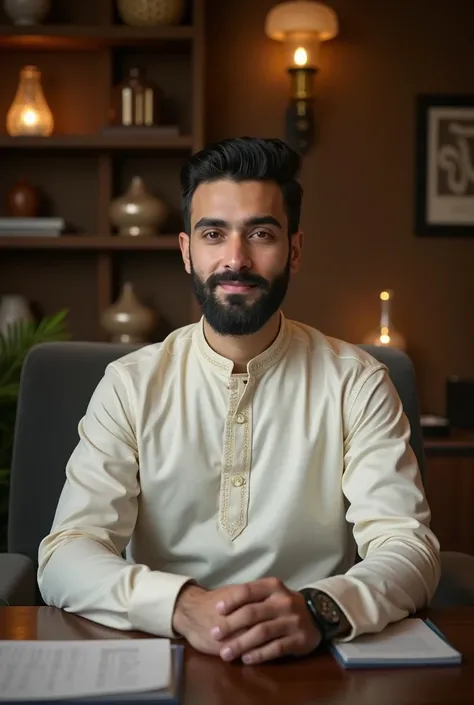 A young handsome boy with beard wearing beautiful shalwar kameez sitting in his beautiful office and his name written Dr. Muhammad Ahmad. Name mention must