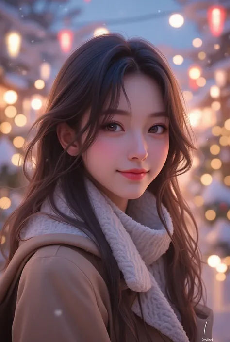 32k, ultra high resolution, ultra high quality, A stunning 18-year-old Japanese woman, exuding kawaii charm, Spectacular Christmas illuminations, very beautiful and dreamy scenery, her beautiful face aglow with a bright smile as she wears a stylish coat, a...