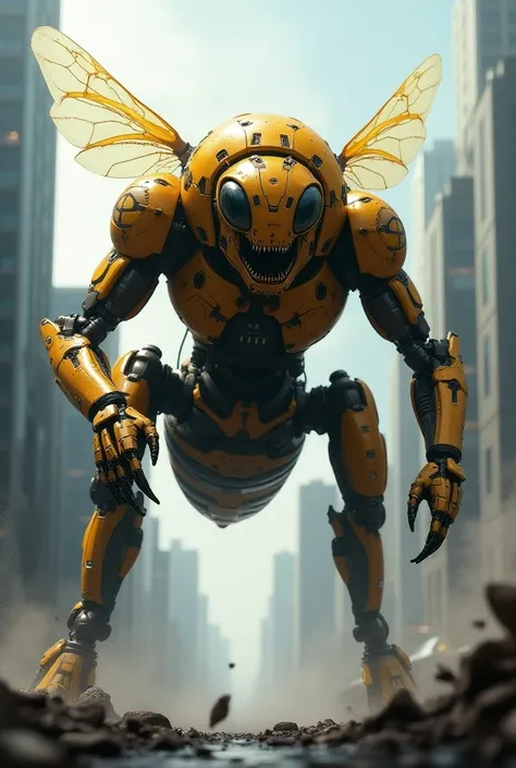 A big honey bee 
 and a robot mix animal big image and very dangerous like running and background is City 