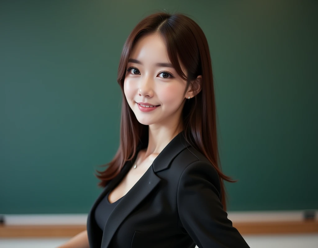 A beautiful Japanese woman wearing a black suit:1.21, wearing glasses, extremely detailed skin, large breasts:1.22, deep cleavage, small head, cute face, brown straight hair:1.21, neatly styled, bright eyebrows, smiling, in front of blackboard, turning aro...