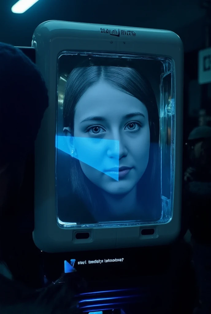 Generate a face recognition system that scanned a girl using its blue ray to detect the face of a girl with title  named as " Face Recognition technology" in cyberspace realistic view  at the bottom of it, and image should be in cyberpunk format with futur...