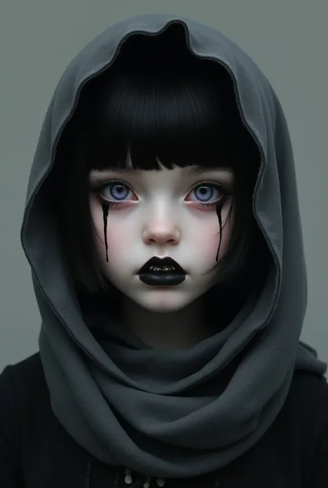 a girl with stanned skin, black hair, violet eyes, missing the two front teeth, uses a black lipstick in her upper lip and a grey scarf in her head