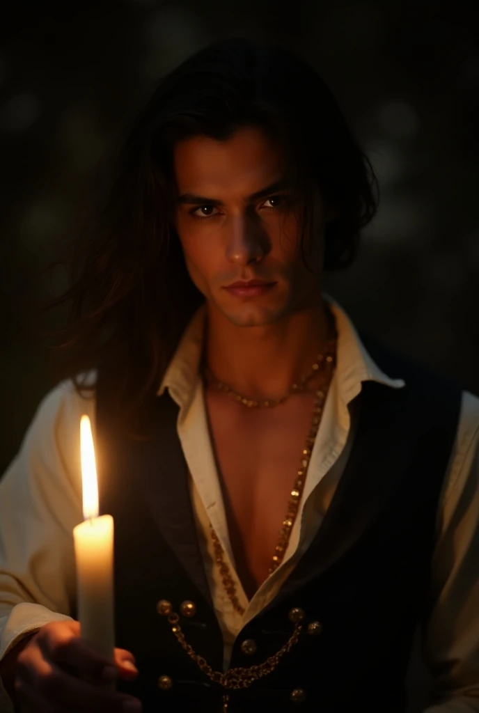 Portrait of a romantic swashbuckler, candle light, flowing dark hair, intense gaze, unbuttoned white shirt, dark vest with gold trim, renaissance style, dramatic lighting, soft focus, cinematic, romantic atmosphere, fantasy adventure, 4k detail, full body