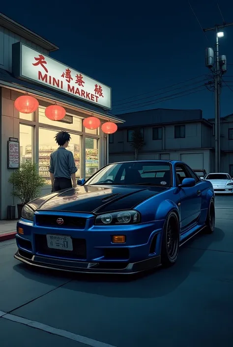 A blue Nissan Skyline R34 car with a black hood is in the parking lot of a mini market, with an anime man next to the car, night time, and a white toyota supra mk4 beside