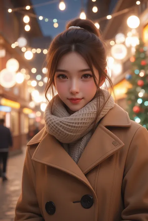 32k, ultra high resolution, ultra high quality, A stunning 18-year-old Japanese woman, exuding kawaii charm, Spectacular Christmas illuminations, very beautiful and dreamy scenery, her beautiful face aglow with a bright smile as she wears a stylish coat, a...