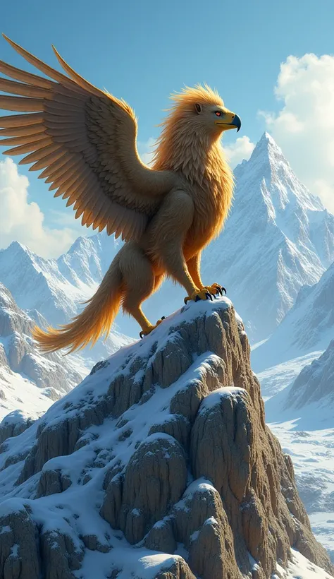 "Create an image of a griffin monster majestically perched on the highest peak of an alpine mountain. The griffin should have the powerful body of a lion, with muscular limbs and a flowing mane, combined with the majestic wings, sharp talons, and keen eyes...