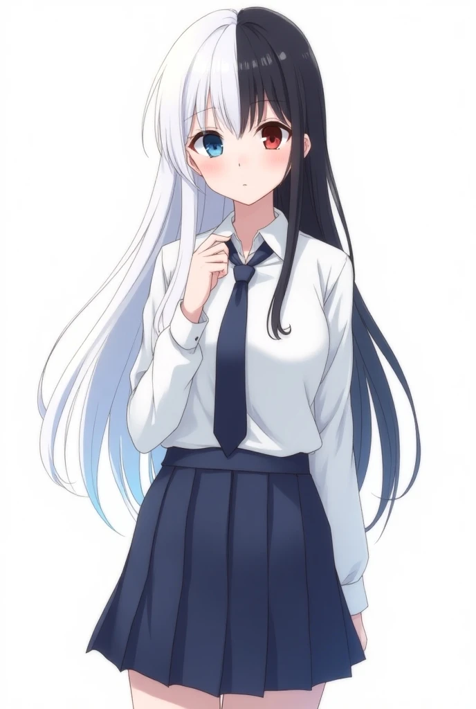  Anime girl with two-tone hair ,  white on the left and black on the right and two-tone eyes, blue on the left and red on the right ,  wearing a Japanese school uniform , rambut panjang, WHITE BACKGROUND  , a high school woman