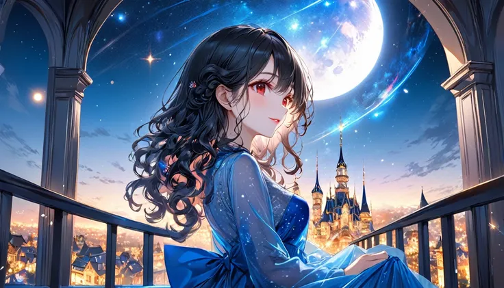 (panoramic), (beautiful and delicate), (immensely beautiful illustration), (solo, profile), ((beautiful curly)) (beautiful vivid black hair beauty long hair), (best cute girl), (best cute red eyes) (cute glossy lip), (cute makeup), (soft smile), (best cute...