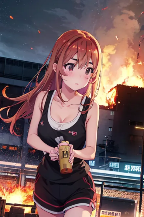 sumi sakurasawa、holding hundgun、at night、fence、1 girl、 cleavage、 black tank top、 sexy black shorts、infiltrate a military base、ta...