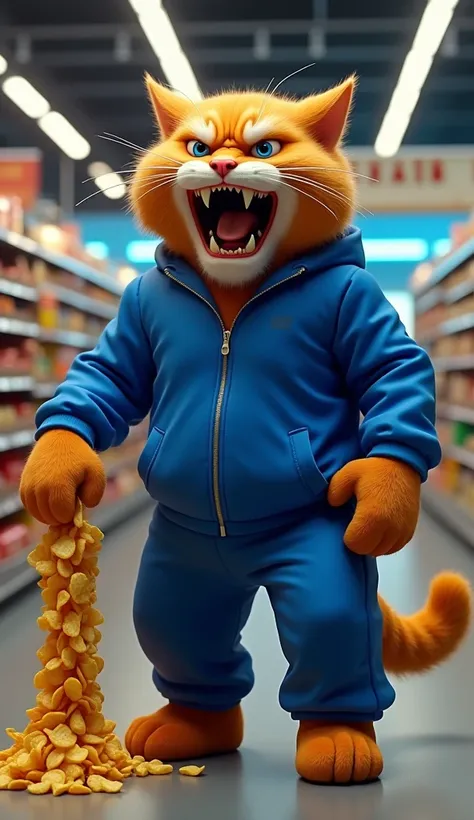 In cinematic 3D style,HD imag,realistic image, colourful image.
Character,Orange big cat wearing blue track suit, expression angry 
Action,A grocery store big cat is holding a huge packet of chips in one hand and is screaming with its mouth open and is ver...