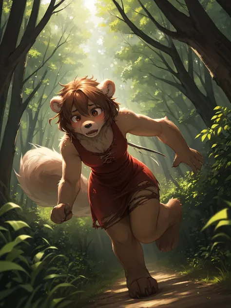 On a Dark Forest, Sunlight filtering through the trees , Girl and realistic hairy fur Bear , A bear is chasing girl from behind , The girls dress are badly torn , Scream in fear , Sprinting , motion blur , erotica , rape
, ( soft focus , Shallow focus , di...