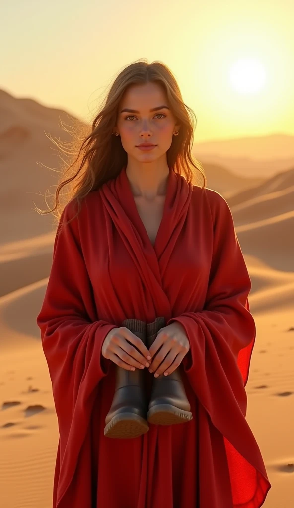 (photorealism:1.2),  beautiful young jewish woman , red silk robe ,  has a shawl around her neck ,  holding boots there is water in them,  background of sinag desert ,  there was a big sun behind him .