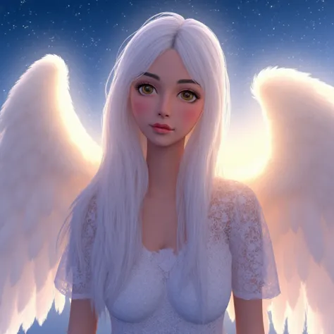  Girl Mature 28 years old with snow-white hair Angelic appearance , Darling, pretty, realism,  Big Angel wings in a snow-white lace tunic with terry covers,  Against the background of a heavenly night Twilight , stars are visible ,  Beautiful Image Shot wi...