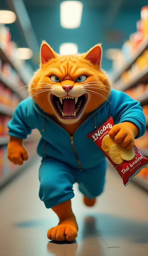 In cinematic 3D style,HD imag,realistic image, colourful image.
Character,Orange big cat wearing blue track suit, expression angry 
Action,A grocery store big cat, she has a big packet of chips in one hand and is running very fast and he is screaming with ...