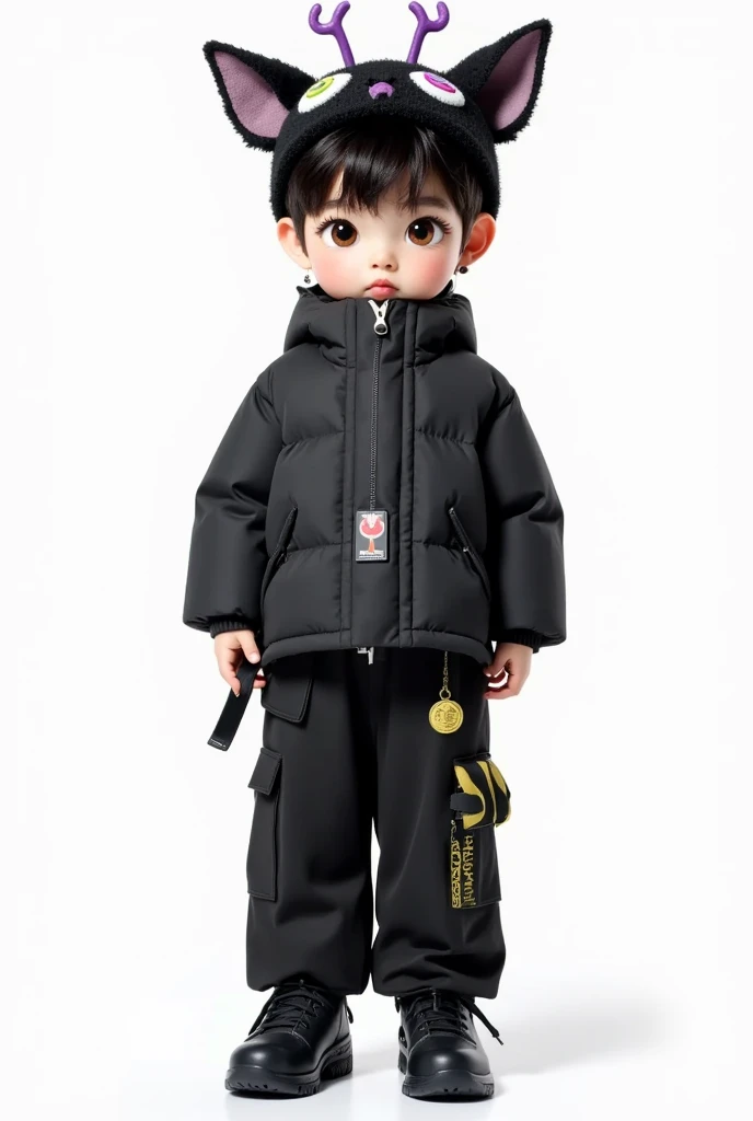 可爱的大Eye男孩，cool，cute animal hat headdress+Tentacles +Eye，时尚的black羽绒服+Pants+shoe，action， detailed details，Clothing material details，black