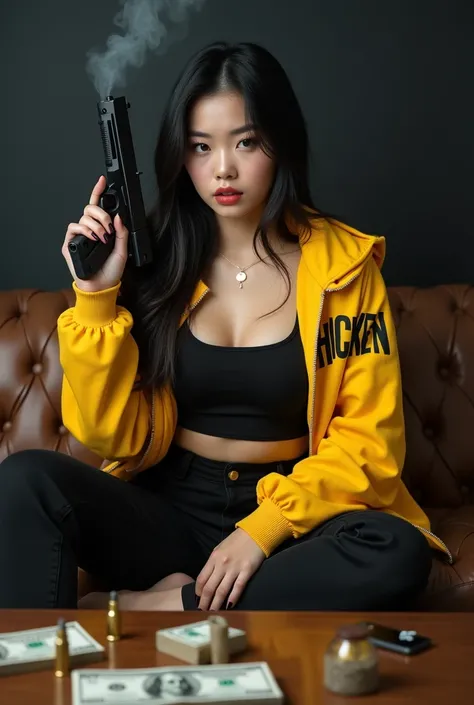 Realistic big boss hot gangster korean woman with fair skin  fierce face and sexy body  wearing a black crop top  and yellow jacket with CHICKEN name on it while holding a gun with smoke and sitting on a couch with dark background front view with table in ...