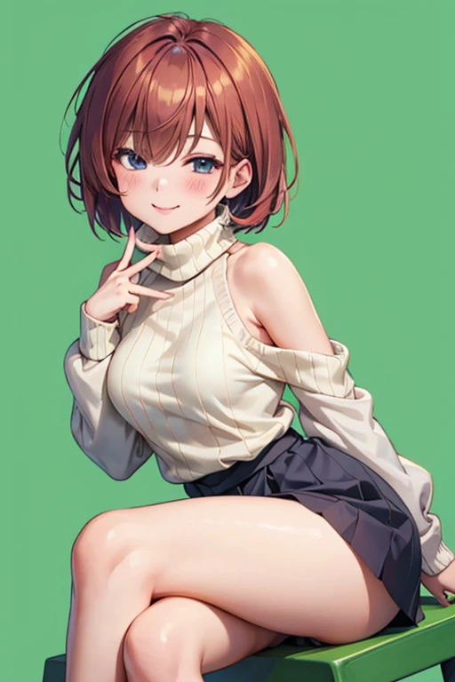 1girl, solo, looking at viewer, cowboy shot, blush, ,Shiraishi Chisa, Dark Vanilla hair, bob cut, hair over one eye, sweater, bare shoulder, breasts, thighs, sleeves past fingers, crossed legs, seductive smile, half-closed eyes, turtleneck sweater, 