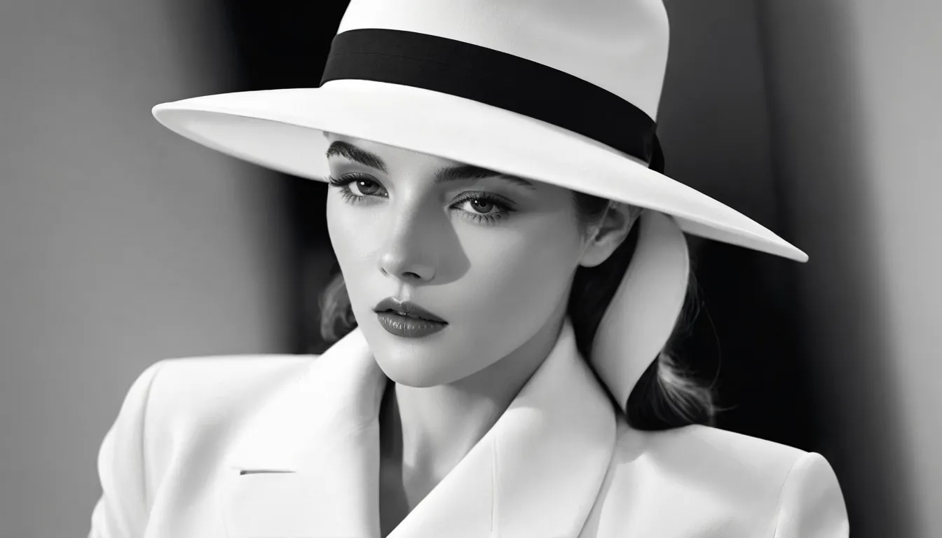 arafed woman in a white suit and hat posing for a picture, white hat, sleek black and white, fine art fashion photography, white...