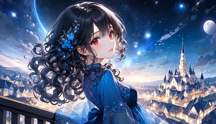 (panoramic), (beautiful and delicate), (immensely beautiful illustration), (solo, profile, pov), ((beautiful curly)) (beautiful vivid black hair beauty long hair), (best cute girl), (best cute red eyes) (cute glossy lip), (cute makeup), (soft smile), (best...