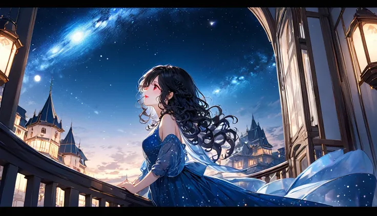 (panoramic), (beautiful and delicate), (immensely beautiful illustration), (solo, profile, pov), ((beautiful curly)) (beautiful vivid black hair beauty long hair), (best cute girl), (best cute red eyes) (cute glossy lip), (cute makeup), (soft smile), (best...