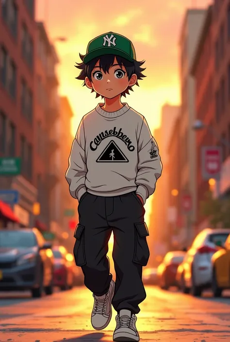 A white boy with black hair wearing a green Yankis cap , wearing a white sweater with black letters CANSERBERO forming the letters an upward triangle and with black cargo pants and 3 white retro Jordans on his feet walking through the streets of New York a...