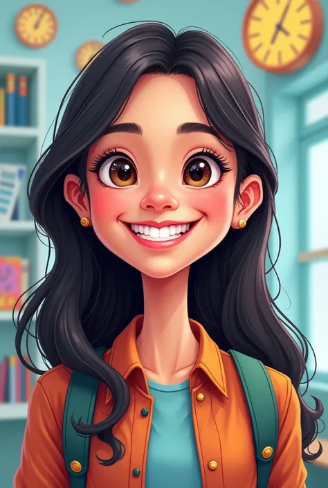 make me a caricature image a girl student whose 21st century learner description she has black hair and a beautiful smile with background as she is a 21st century . Anotherrr learner