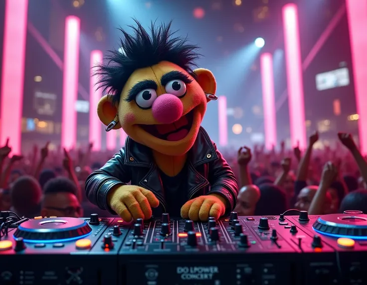 Muppet angry punk DJ mixing cyberpunk style in concert