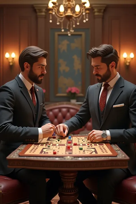 Create 3D image for a two mans, wearing a formal outfits, playing Ludo game 