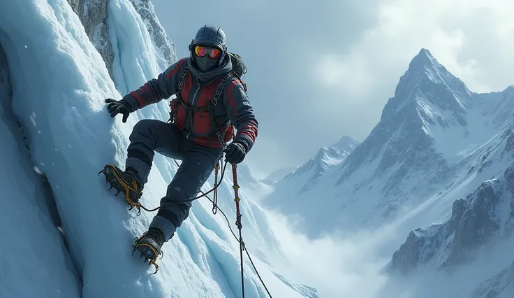 Un alpiniste est suspendu sur une paroi abrupte du K2, crampons et piolets enfoncés dans la glace, luttant contre un vent violent qui fait voler des flocons de neige autour de lui. Derrière lui, on aperçoit une vue vertigineuse de la montagne avec des pics...