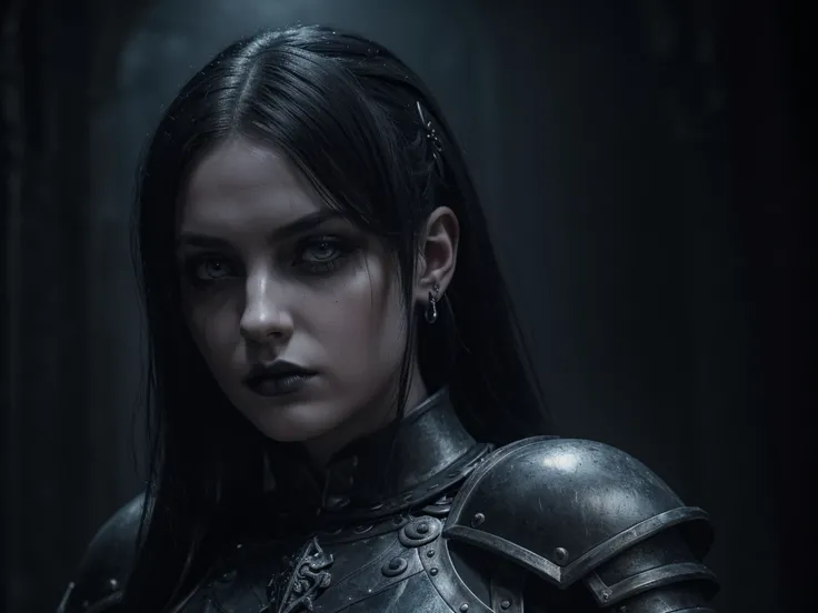 a goth girl, detailed face, piercing eyes, heavy gothic armor, medieval castle, dark moody colors, dramatic lighting, (best quality,4k,8k,highres,masterpiece:1.2),ultra-detailed,(realistic,photorealistic,photo-realistic:1.37),gothic,dark fantasy,intricate ...