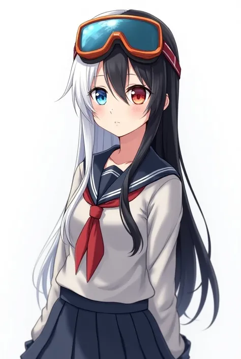  Anime girl with two-tone hair ,  white on the left and black on the right and two-tone eyes, blue on the left and red on the right ,  wearing a Japanese school uniform , rambut panjang, WHITE BACKGROUND , wear orange and dark blue glass ski goggles 