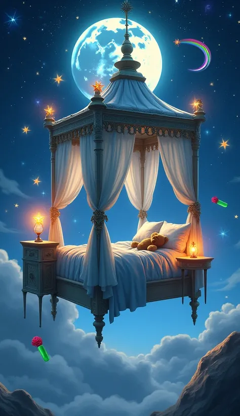 ((Best Quality)), ((masterpiece)), (  Details),  starry sky 、Stars Shining、An antique canopy bed in space、 lots of stars shining all around 、The bed is light blue 、I can see the moon、The stars in the background shine colorfully 、Rainbow、 and a star-shaped ...