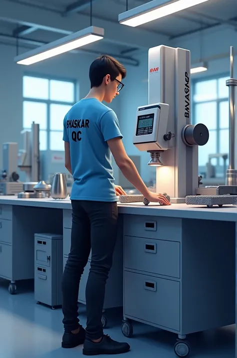 create a 3D illustration for profile picture The 25 years old boy wearing a sky blue T-shirt, black phant, & black shoes as formal attire. The boy measuring the component inside the quality lab by using the Coordinate measuring machine. The name "Bhaskar Q...